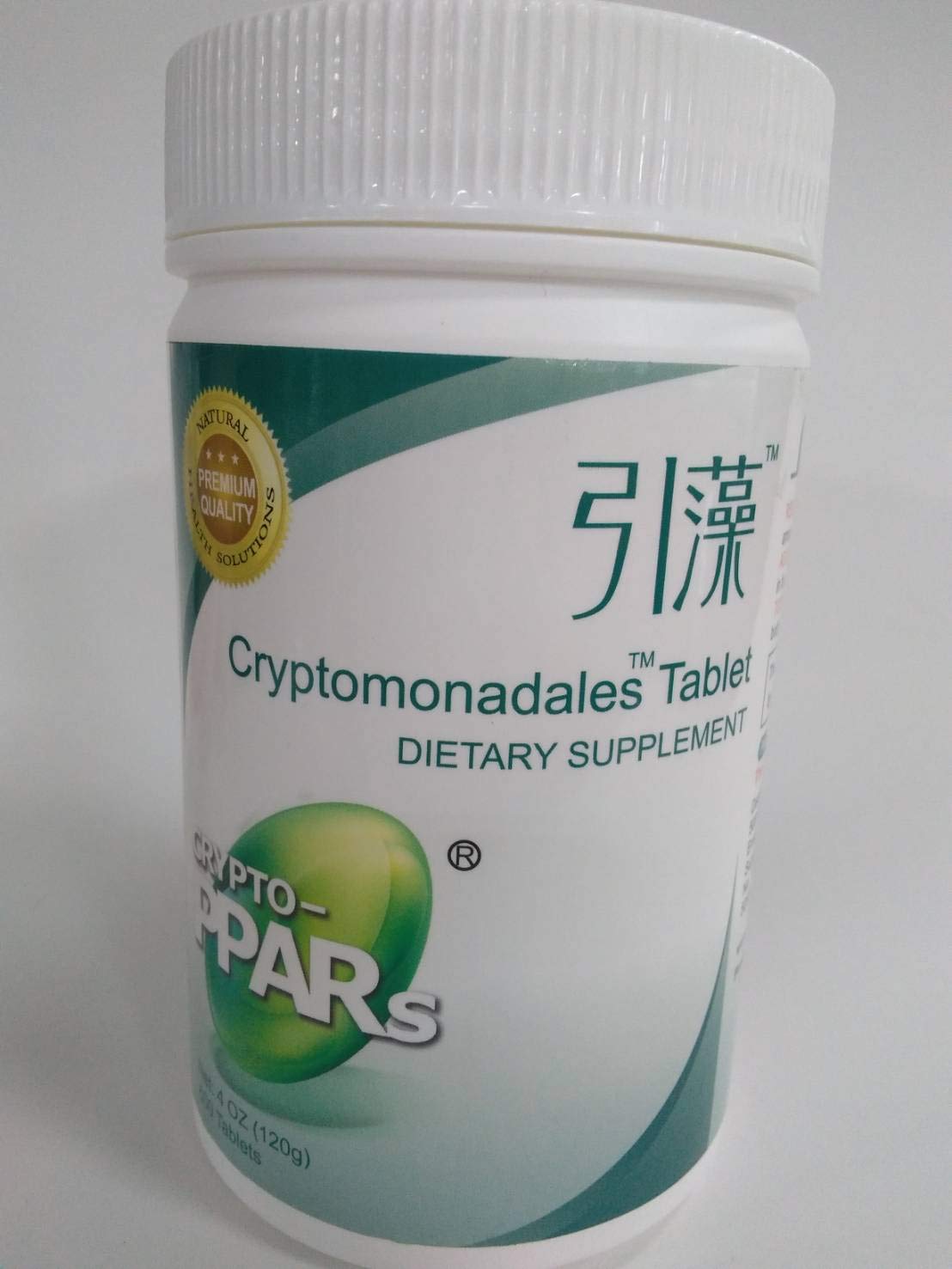 Cryptomonadales bottle label with 600 Organic Spirulina Chlorella tablets