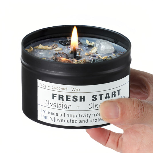 Fresh Start Crystal Candle 8 oz jar with vegan wax and dried flowers