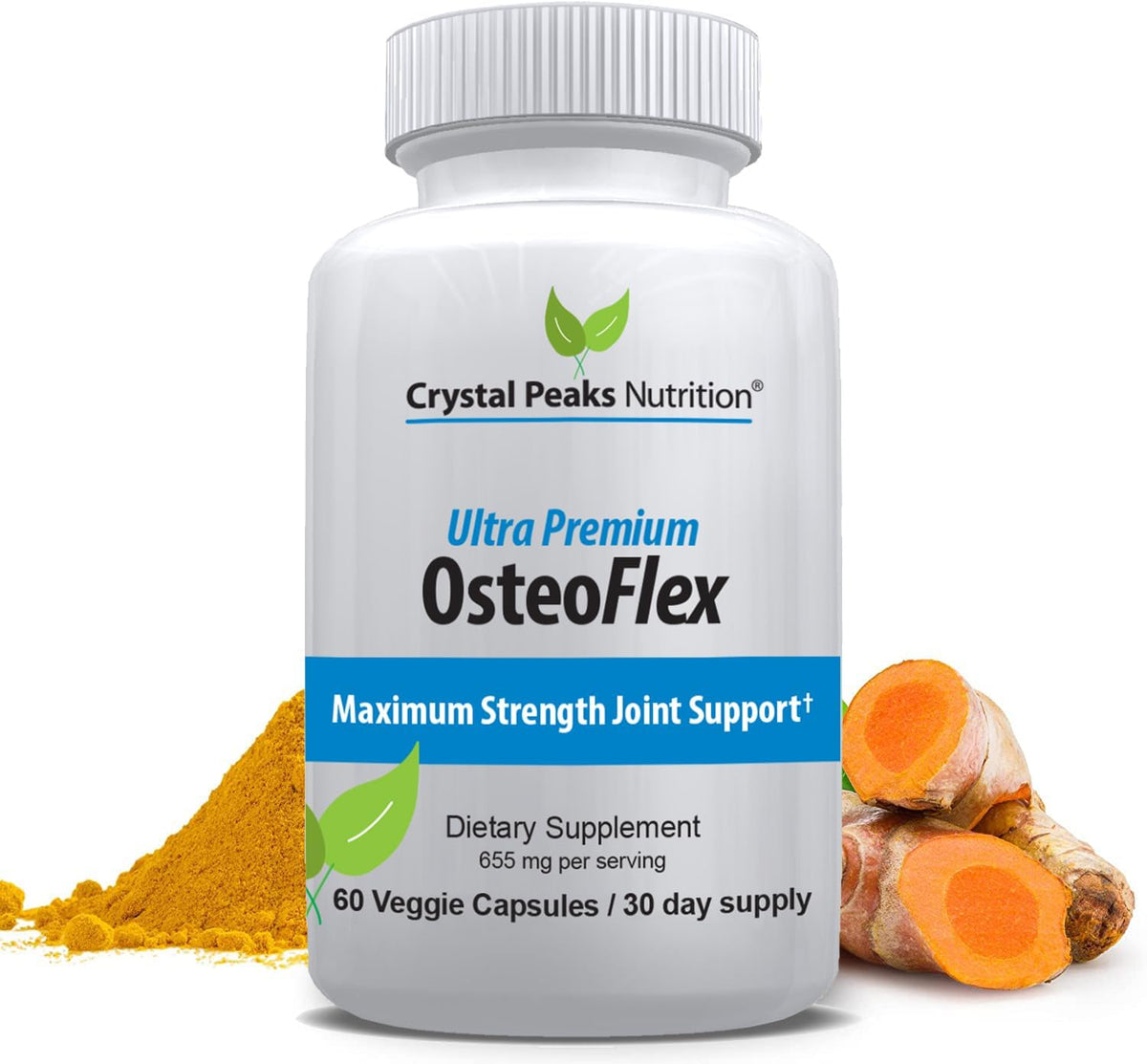 OsteoFlex turmeric capsules bottle close-up, 60 capsules
