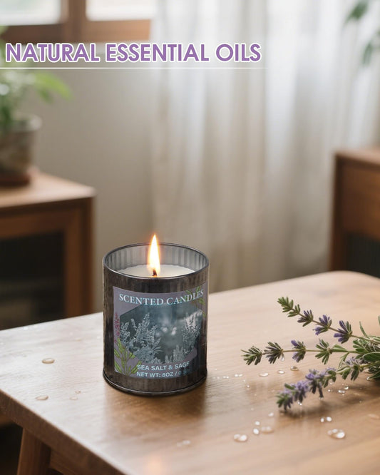 Close-up of Sea Salt & Sage candle label