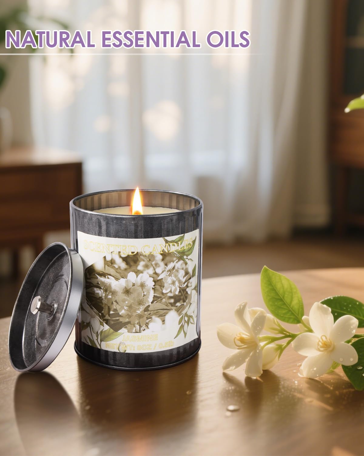 8oz soy candle with 50 hour burn in tin