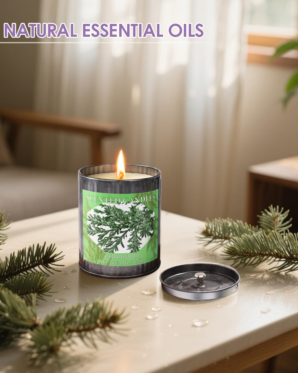 Close-up of Cedarwood 8oz soy candle wick in tin