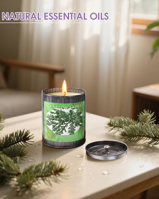 Close-up of Cedarwood 8oz soy candle wick in tin