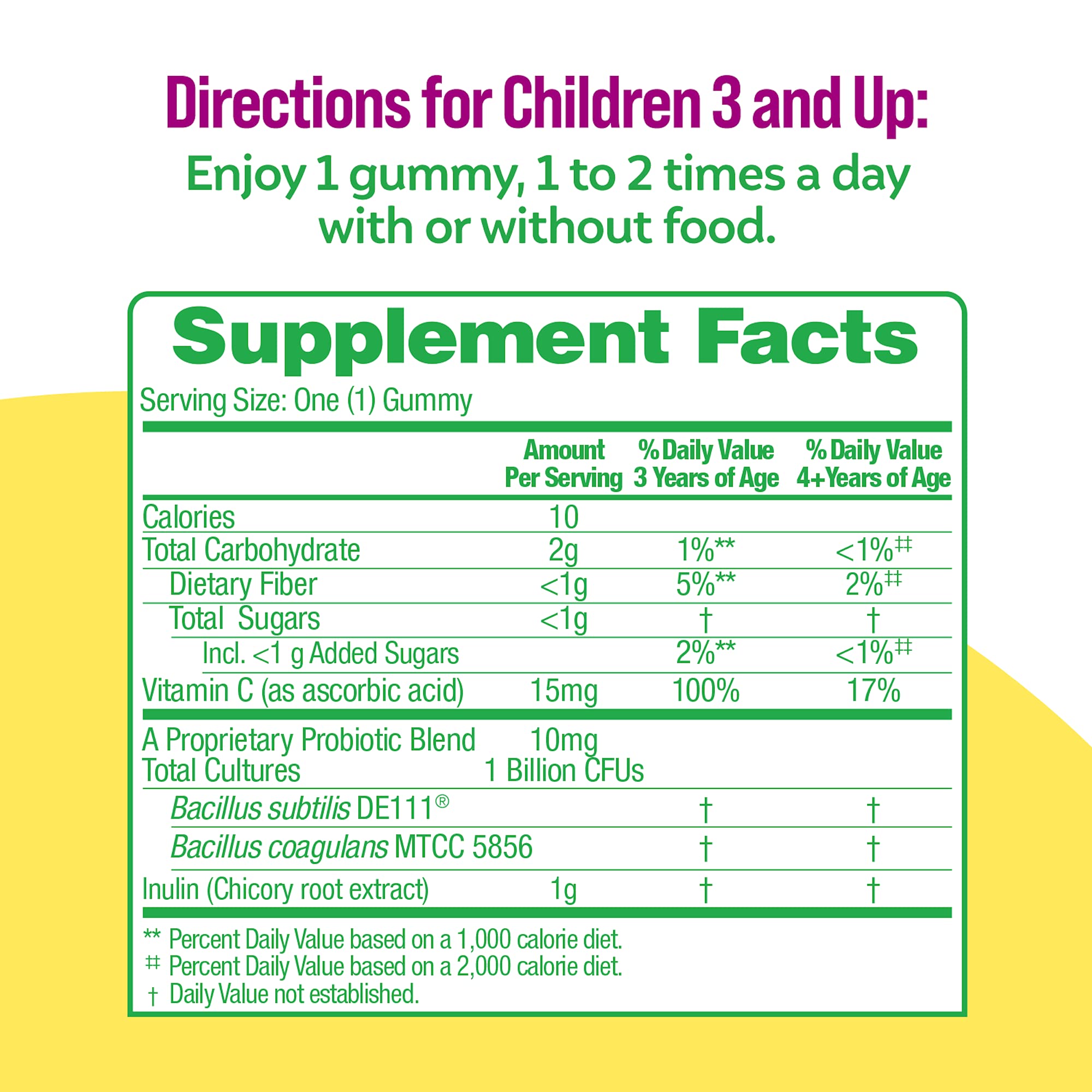 Nutrition label of Culturelle Kids Veggie Fiber Gummies probiotic blend