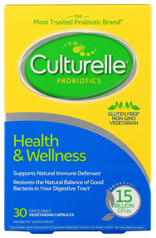 Front view of Culturelle Probiotic Vegetarian Capsules bottle, 30-count