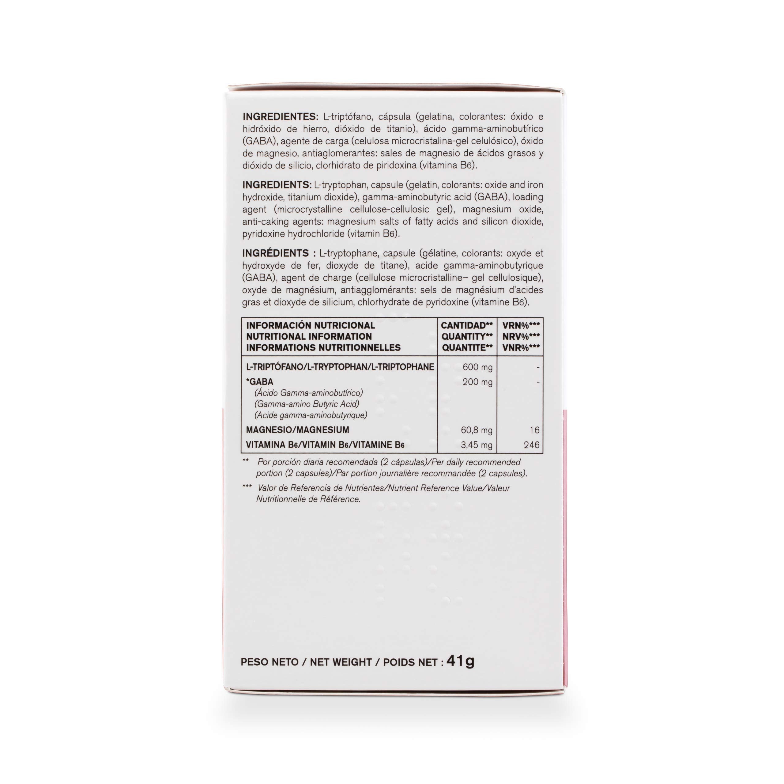 Ingredients: L-tryptophan, GABA, magnesium, vitamin B6