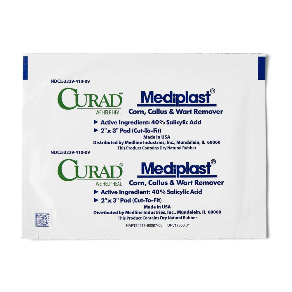 Curad Mediplast corn, callus and wart remover packaging signals a reliable at-home solution.