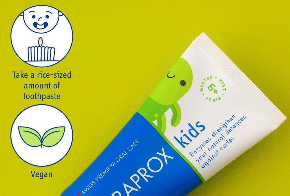 Product claims and benefits graphic for Curaprox Kids toothpaste