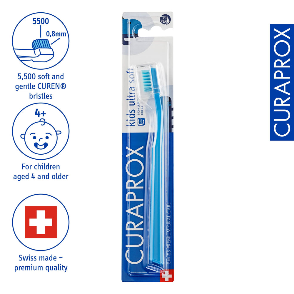 Back label and packaging of Curaprox Kids Toothbrush blister pack international