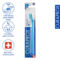 Back label and packaging of Curaprox Kids Toothbrush blister pack international