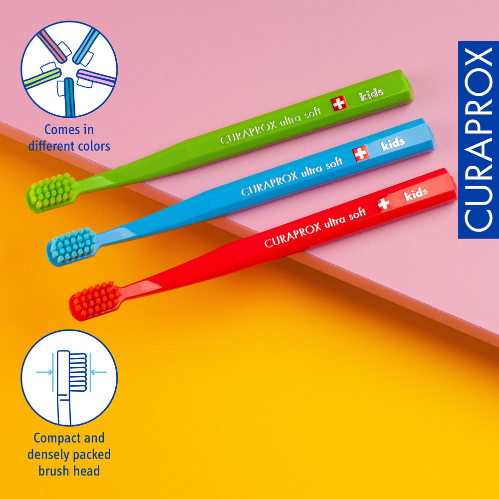 Close-up of Curaprox soft bristles on a kid-sized toothbrush