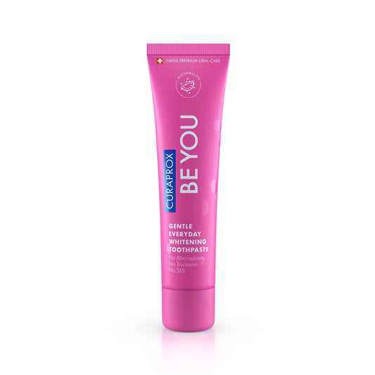 Front view of Curaprox Whitening Toothpaste Watermelon 60ml pink packaging
