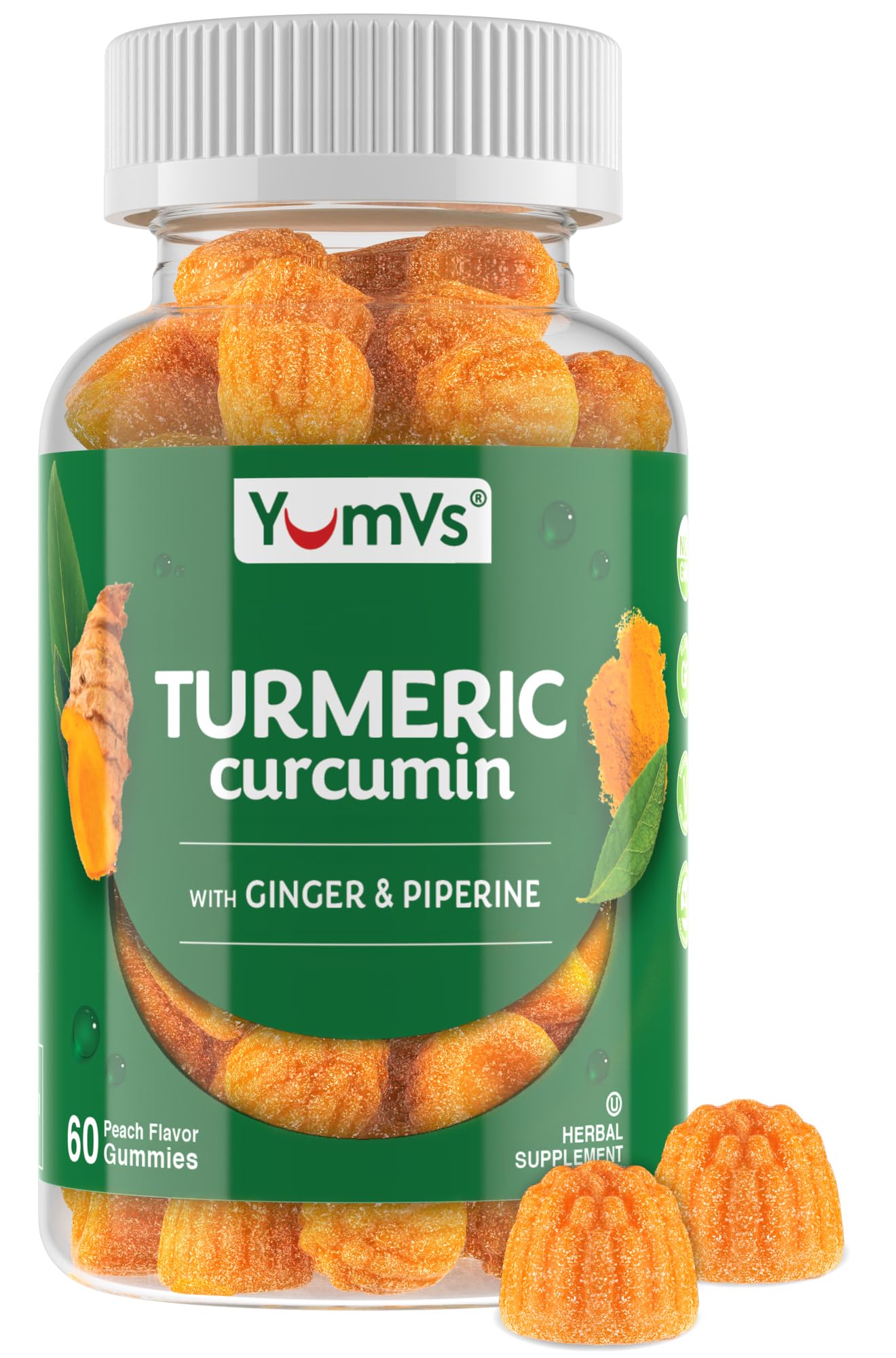 YumV Curcumin Turmeric Gummies bottle with peach flavor, 60 count