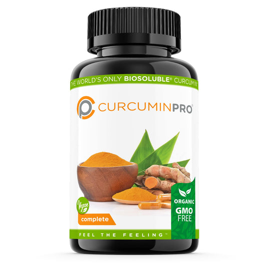 Front of CurcuminPro Complete Vegan bottle featuring BioSoluble Brown Rice Protein and Organic Turmeric Curcumin
