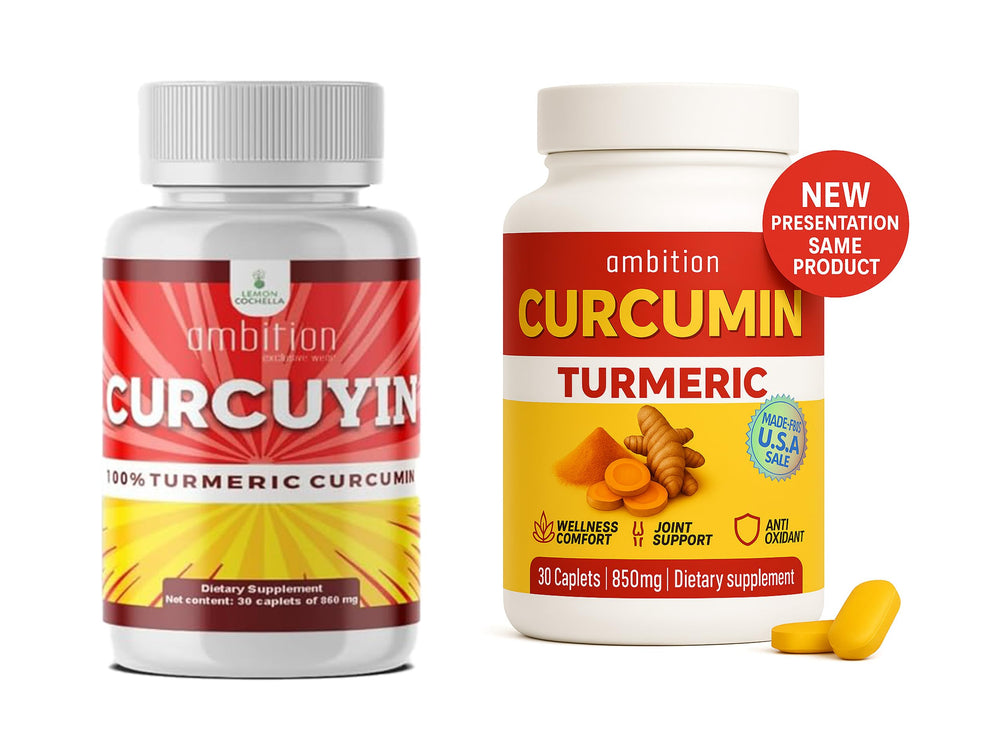 Curcuyin Turmeric Curcumin supplement caplets on a white surface