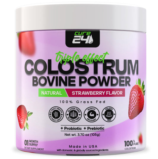 Front view of Cure24 Bovine Colostrum X3 powder tub