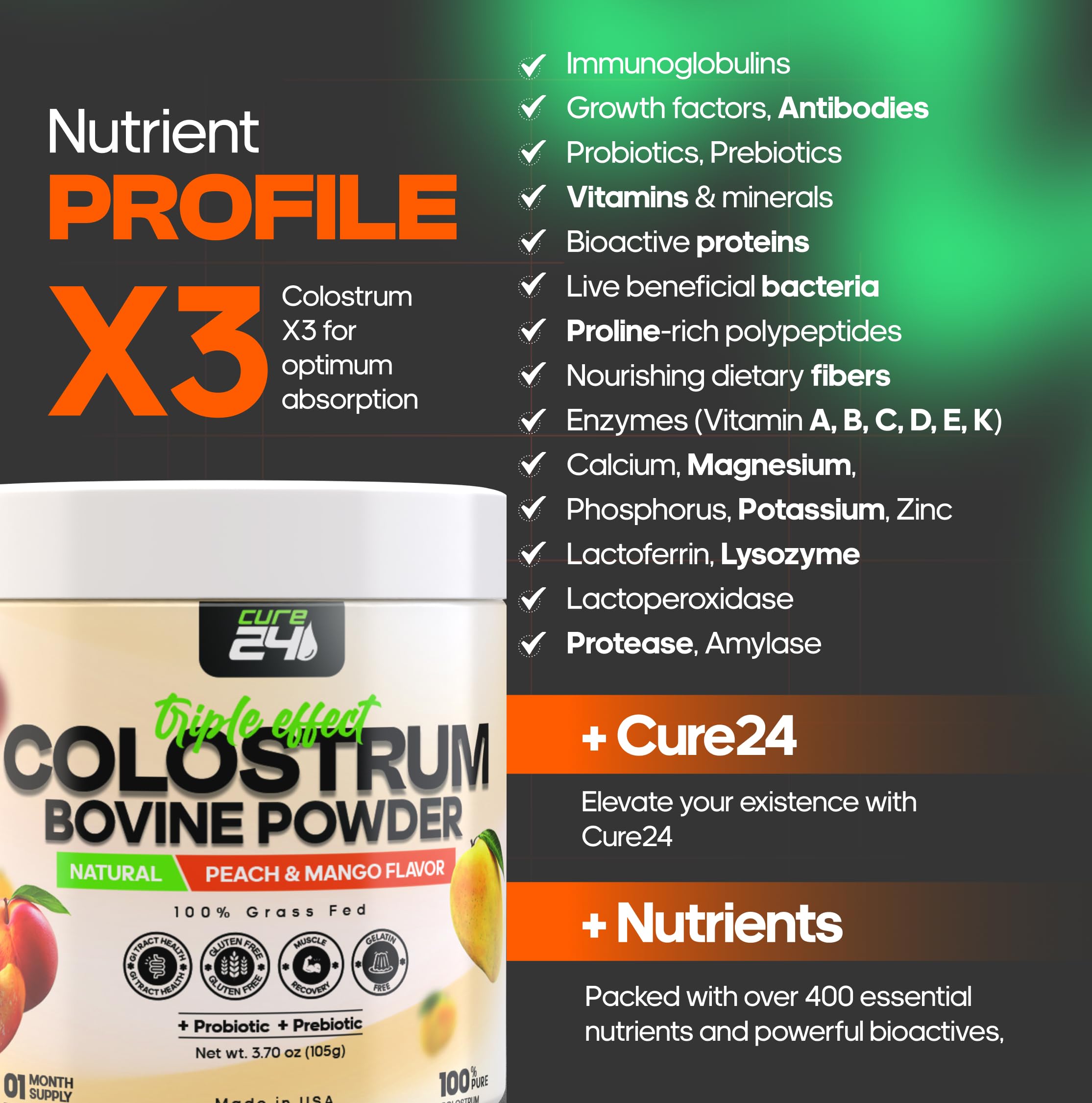 Peach-Mango flavor profile of Cure24 Colostrum powder