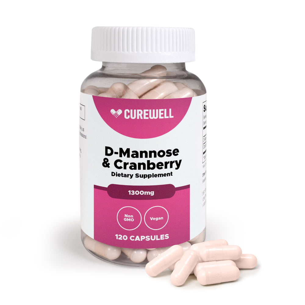 Front view of CUREWELL D-Mannose & Cranberry 1300mg bottle
