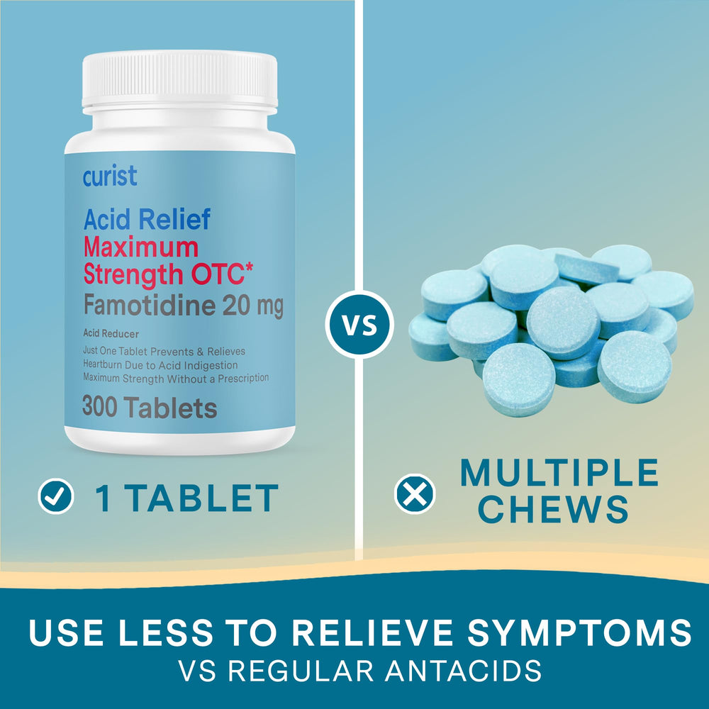 Curist Famotidine 20mg bottle label detail for trust and dosage clarity.