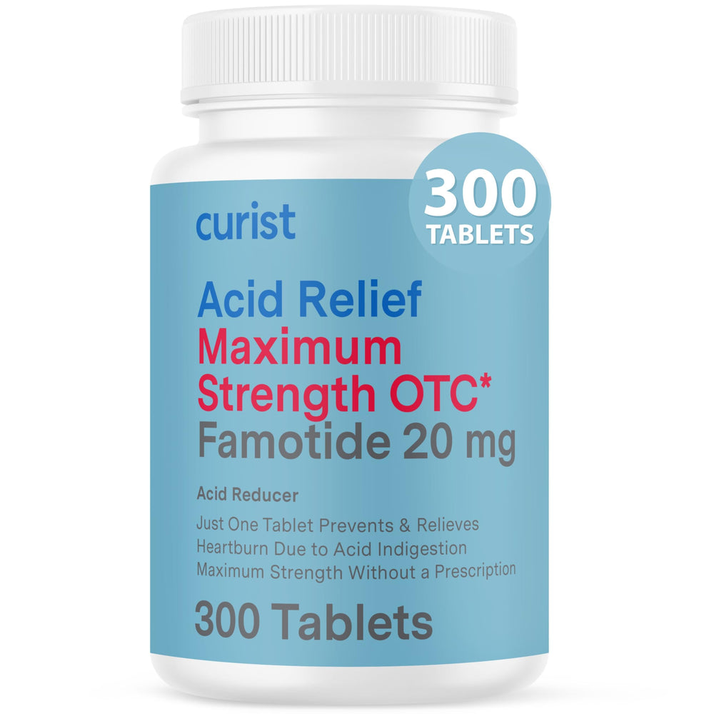 Curist Famotidine 20mg tablets bottle front for quick heartburn relief on the go.