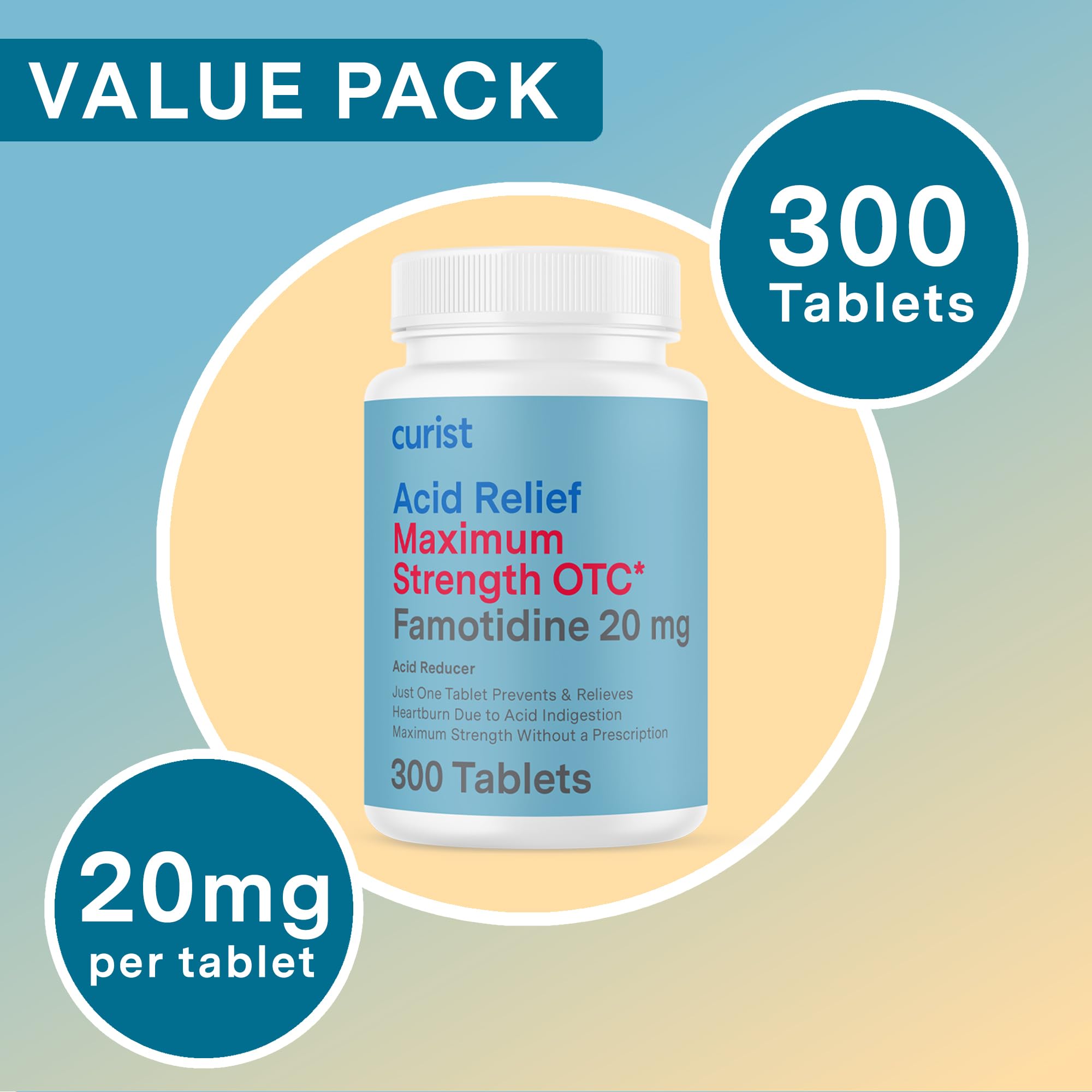 Curist Famotidine 20mg tablets close-up highlighting pill shape and color.
