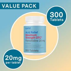Curist Famotidine 20mg tablets close-up highlighting pill shape and color.
