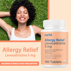 Curist Levocetirizine 5 mg packaging box highlighting 180-tablet supply
