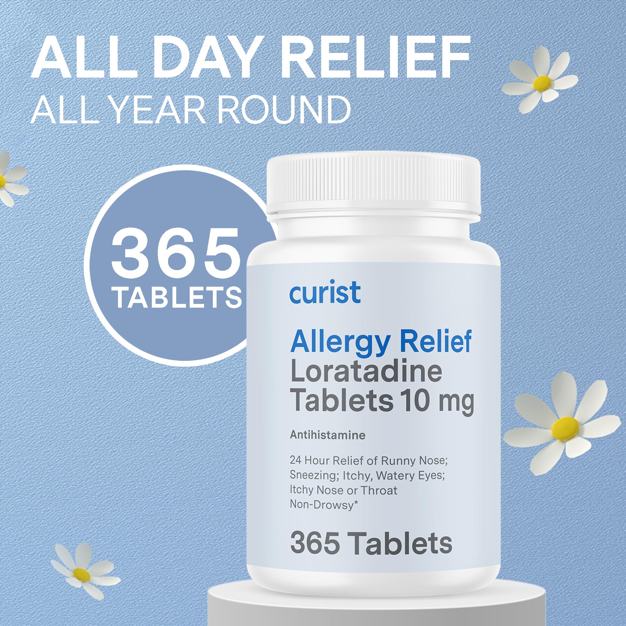 Curist Loratadine 10mg 365-tablet bottle for year-long allergy management.