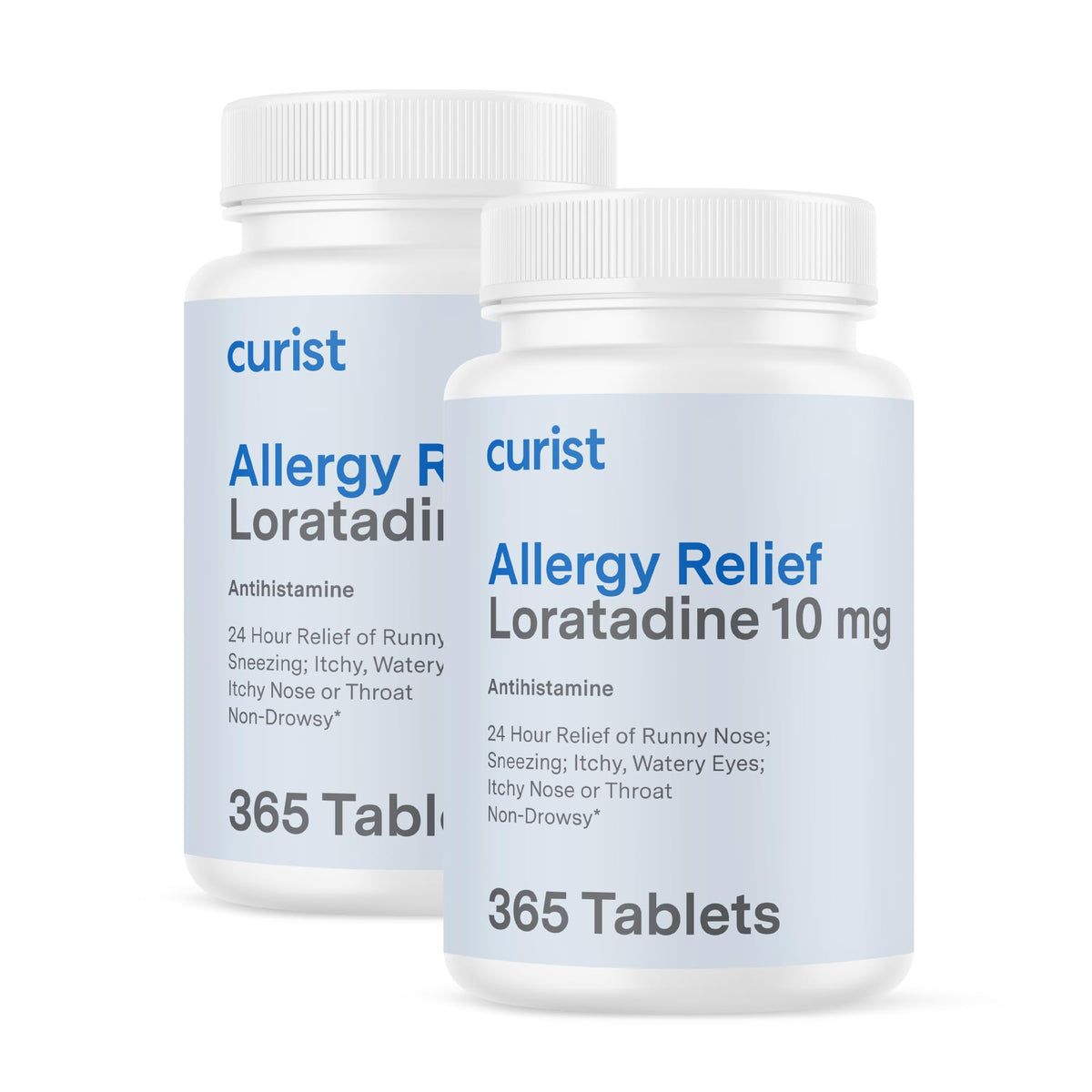 Curist Loratadine 10mg tablets in bottle for all-day allergy relief.