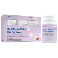 Curist Omeprazole 20mg tablets in a 42-count bottle for daily heartburn relief