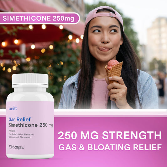 Curist softgels with water illustrate easy swallow and fast relief