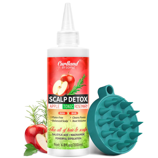 Curlland tonico exfoliante en botella, aroma romero y manzana, ayuda a clarificar cuero cabelludo.