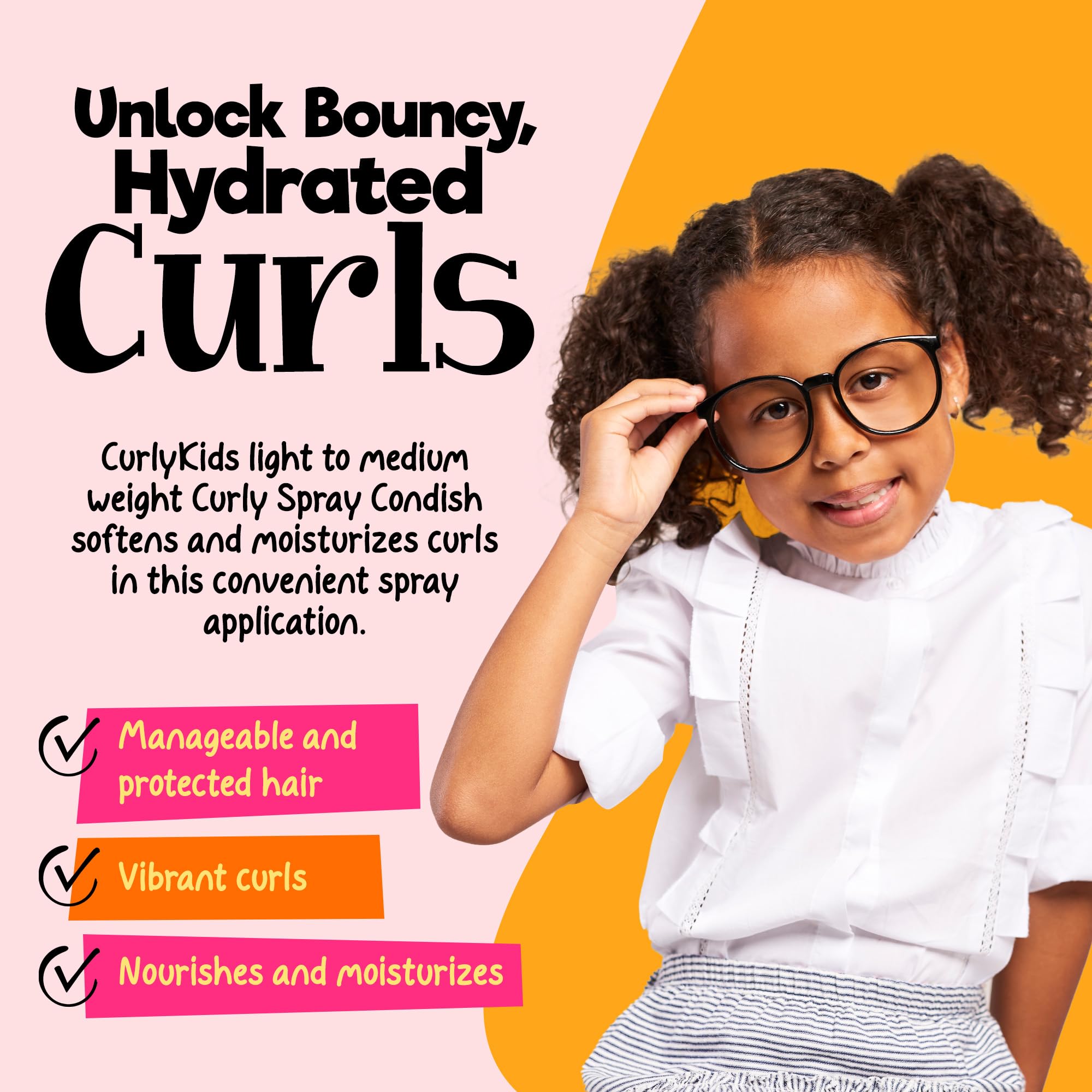 CurlyKids Curly Spray Condish bottle back label highlights gentle daily use for curls