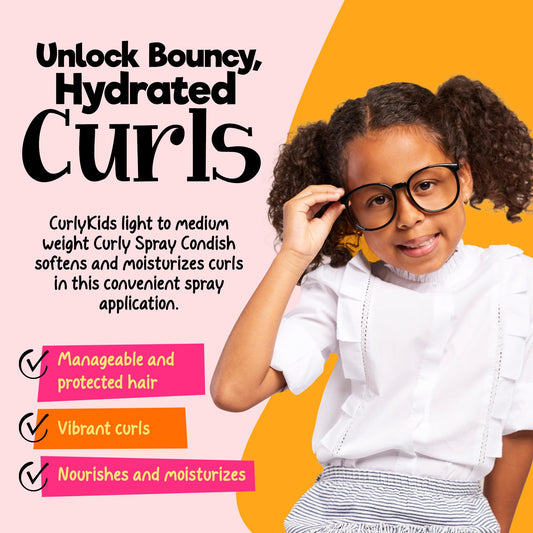 CurlyKids Curly Spray Condish bottle back label highlights gentle daily use for curls