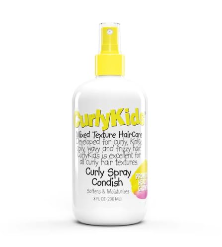 CurlyKids Curly Spray Condish bottle front view showing lightweight hydration for kids' curls