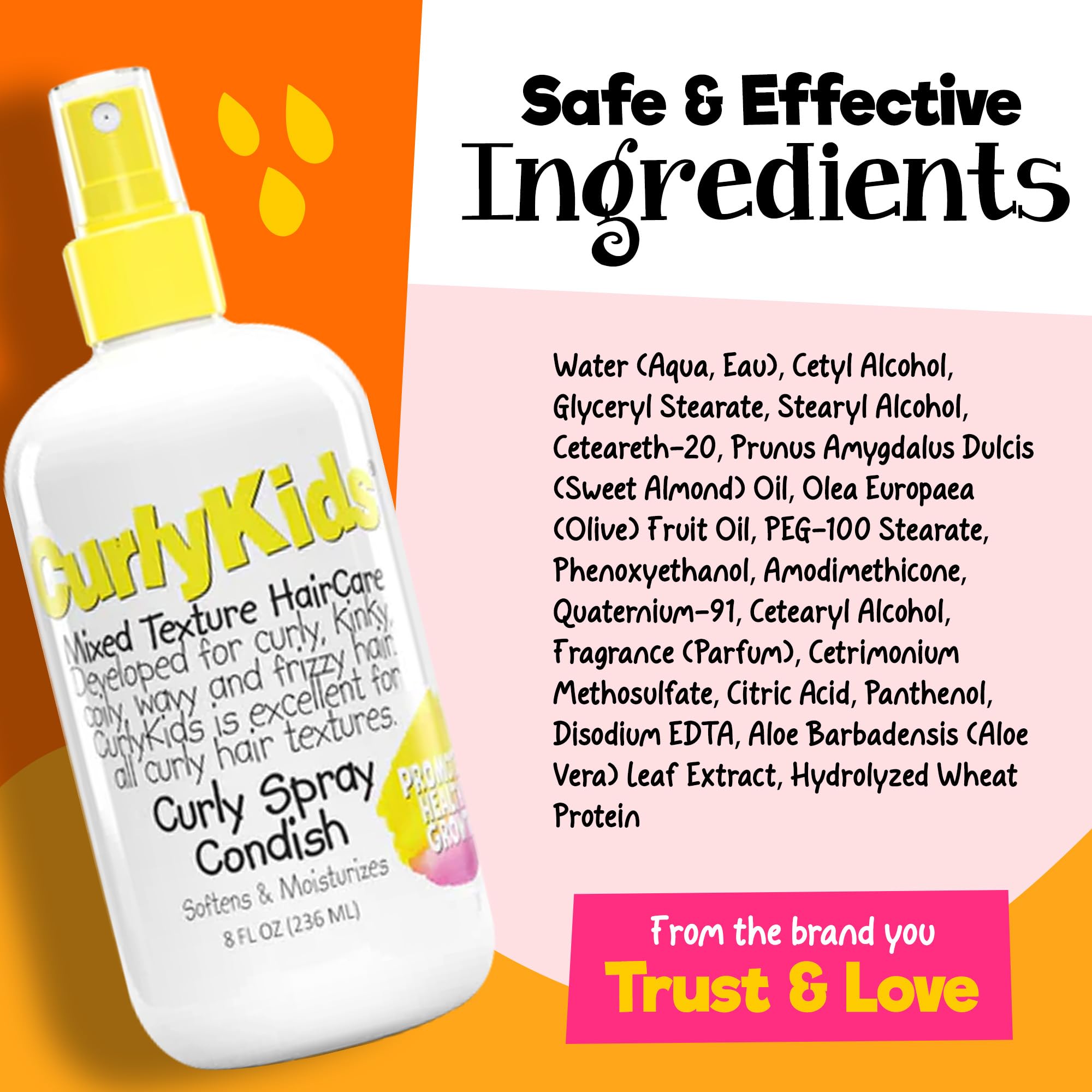 CurlyKids Curly Spray Condish ingredients label highlights gentle sulfate-free formula