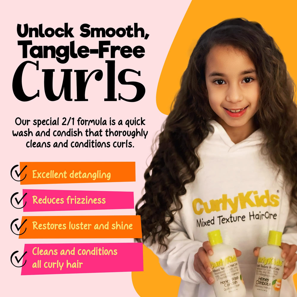 CurlyKids Honey Wash Condish pump demonstrates quick, gentle cleansing for kids