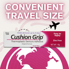 Three tubes of Cushion Grip Denture Adhesive in travel pack