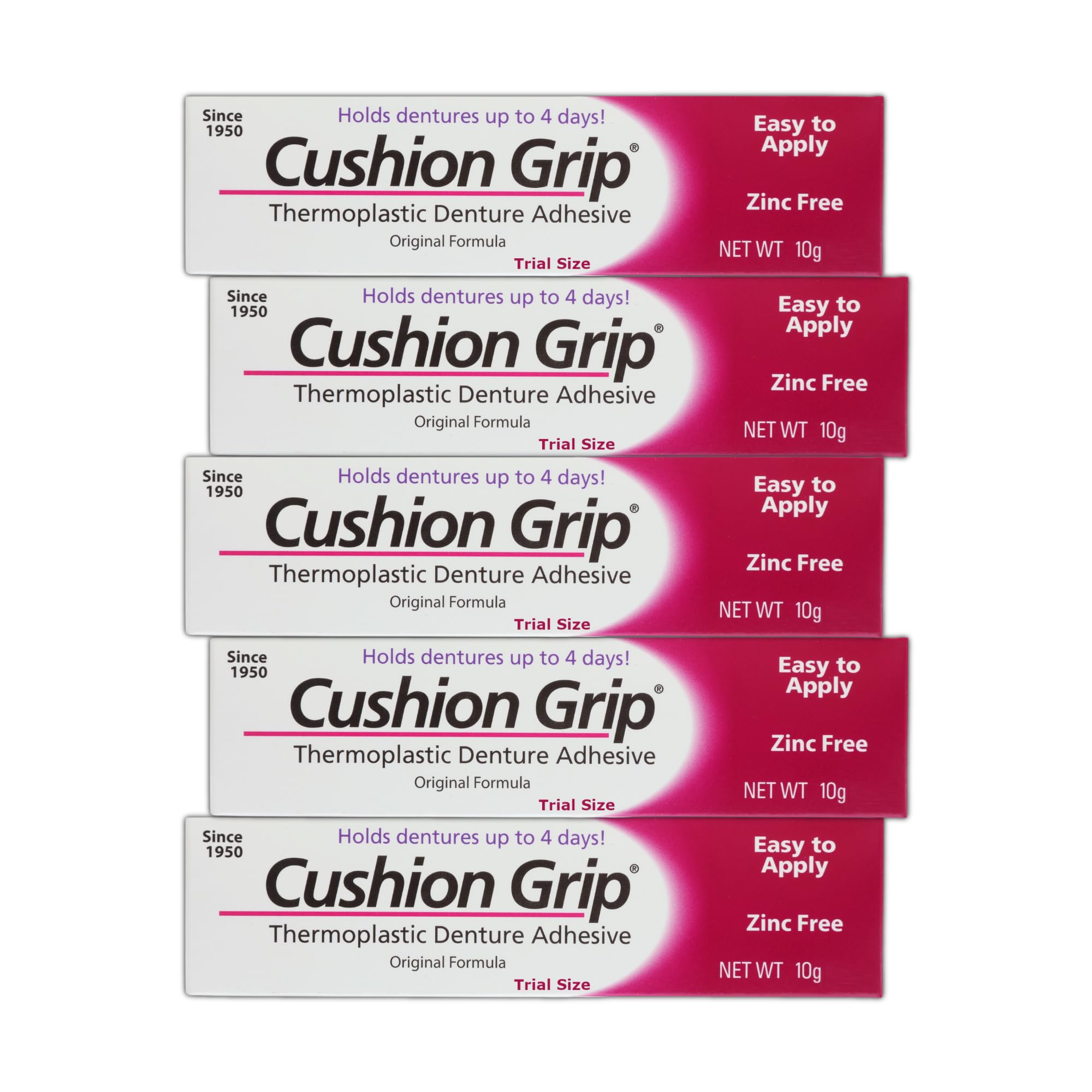 Cushion Grip Denture Adhesive 0.35 oz travel size 5-pack packaging