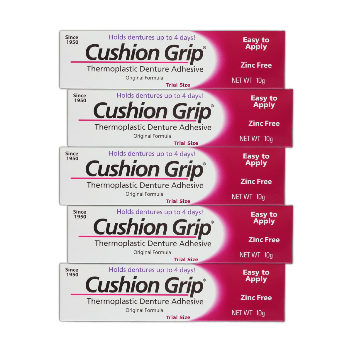 Cushion Grip Denture Adhesive 0.35 oz travel size 5-pack packaging