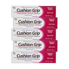 Cushion Grip Denture Adhesive 0.35 oz travel size 5-pack packaging