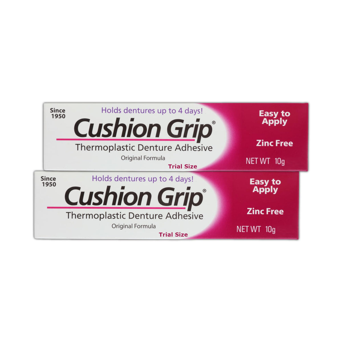 Cushion Grip Thermoplastic Denture Adhesive packaging travel-size 0.35 oz with 2-pack