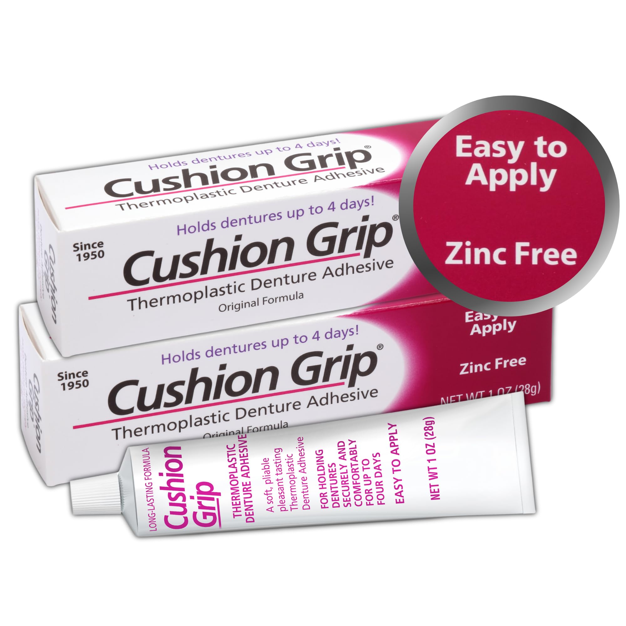 Cushion Grip Thermoplastic Denture Adhesive 1oz 2-pack box and tubes