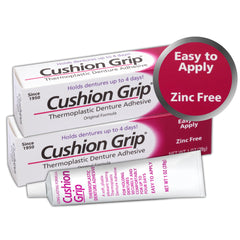 Cushion Grip Thermoplastic Denture Adhesive 1oz 2-pack box and tubes