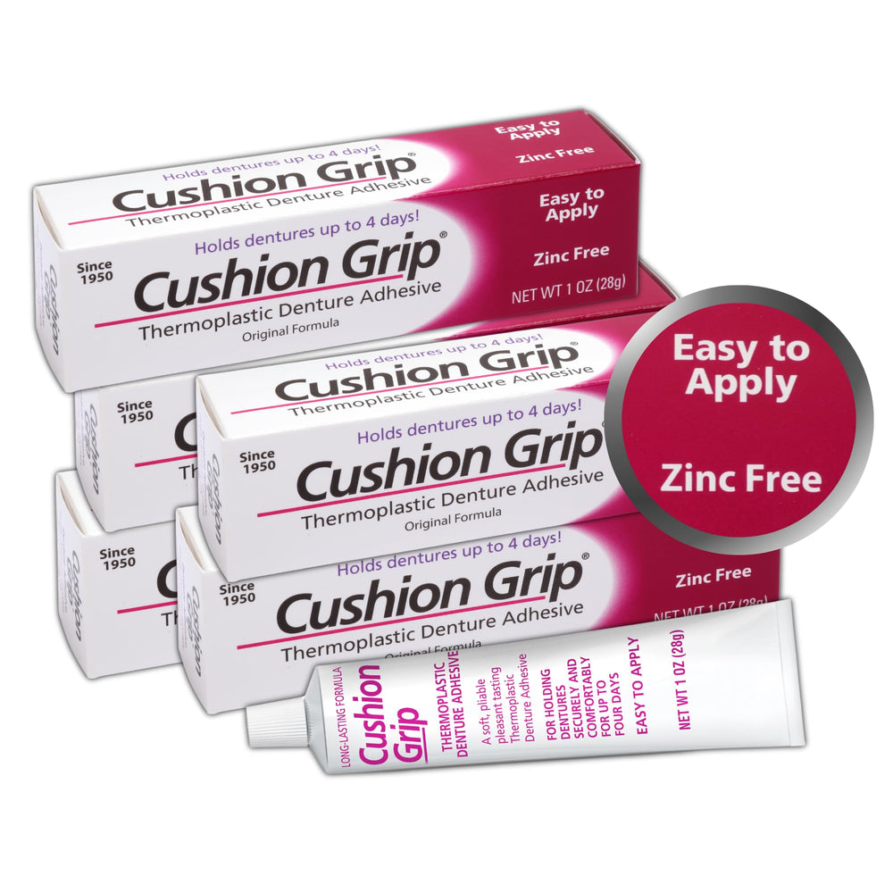 Cushion Grip 1oz 5-pack denture adhesive bottle