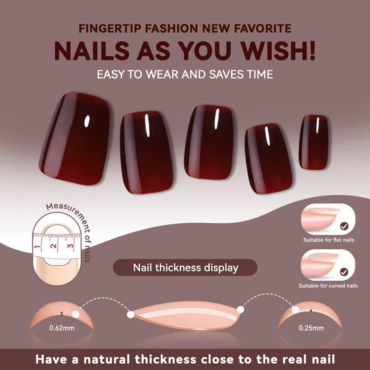 CUZIAM dark red press-on nails short square close-up with glossy finish