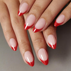 CUZIAM red French tip nails in almond shape for at home salon look