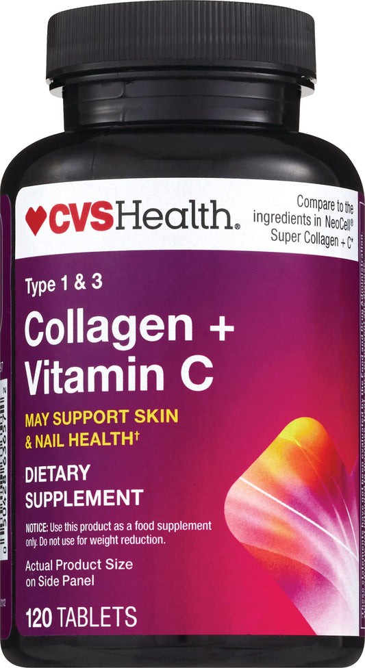 CVS Health Collagen + Vitamin C skin and nail health dietary supplement tablets bottle, 120 count