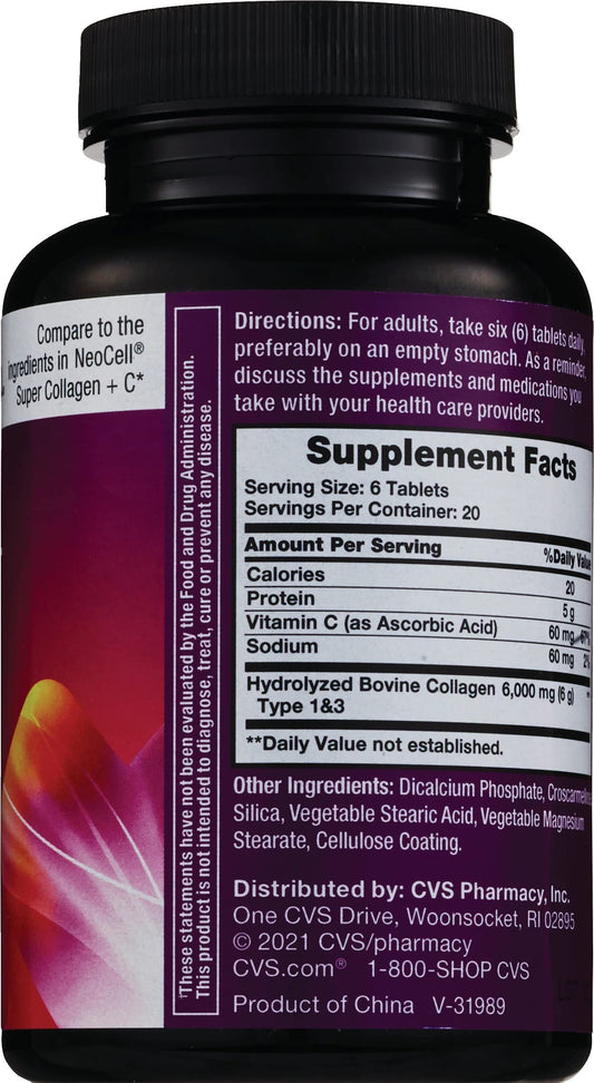 Packaging and label of CVS Health Collagen + Vitamin C 120-count collagen supplement for skin and nails