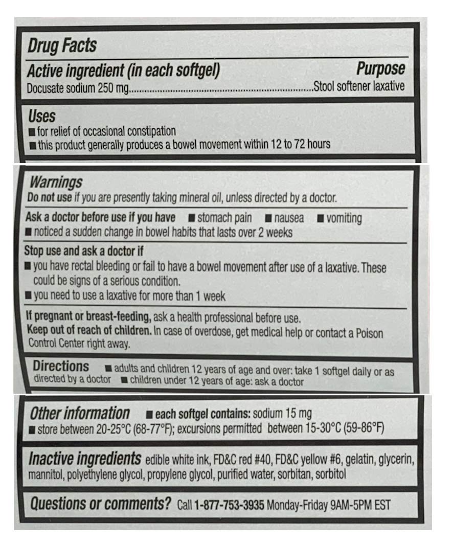 CVS Health Docusate Sodium softgels close-up showing 250 mg dose for gentle constipation support.